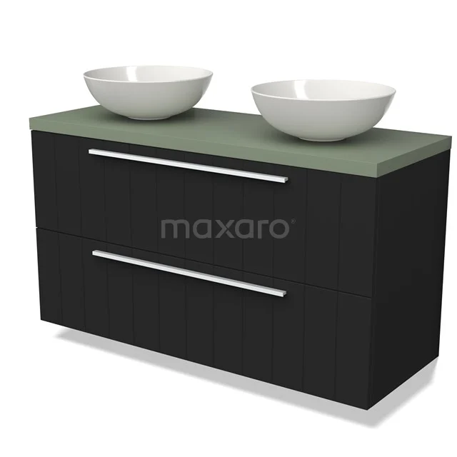 Black bathroom unit with green basin worktop, two white round countertop wash basins and silver handles, modern and stylish design.