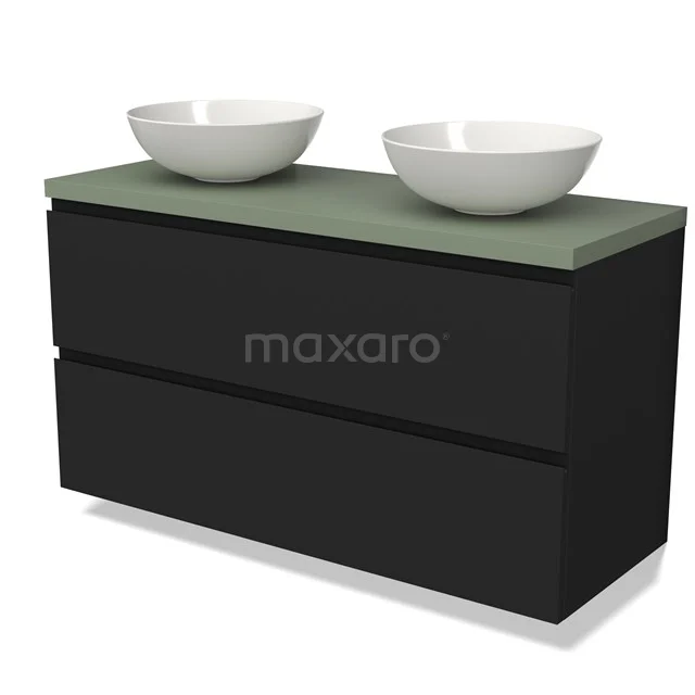 Black bathroom unit with two white vanity units for countertop wash basins and a green worktop made of ceramic, modern design for stylish bathrooms.