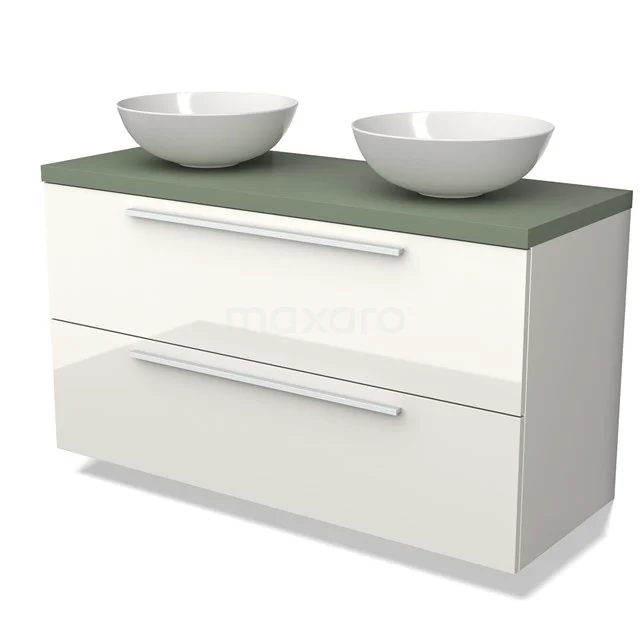 Modulo Plato Vanity units for countertop basin | 120 cm High-gloss white Flat front Sage green worktop 2 Stacked drawers BMK17-02610