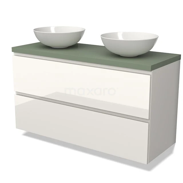 Modulo Plato Vanity units for countertop basin | 120 cm High-gloss white Handle-less front Sage green worktop 2 Stacked drawers BMK17-02612