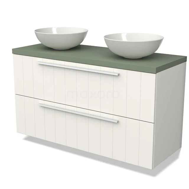 Modulo Plato Vanity units for countertop basin | 120 cm Matte white Slat front Sage green worktop 2 Stacked drawers BMK17-02614