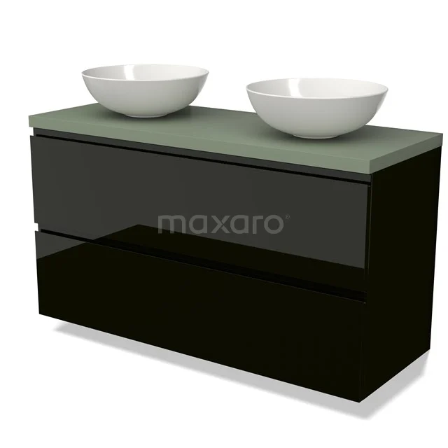 Black glossy bathroom unit with green glass vanity units with basin and double white basins, modern design.