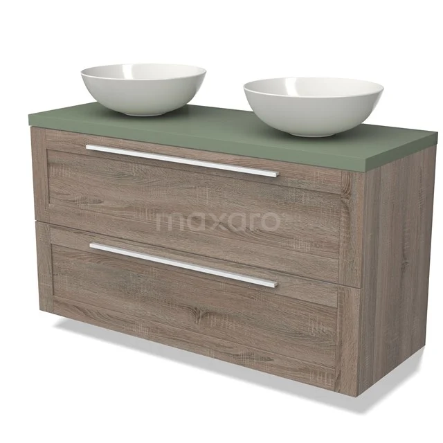 Modulo Plato Vanity units for countertop basin | 120 cm Oak Bordered front Sage green worktop 2 Stacked drawers BMK17-02621 Wooden bathroom unit with two white vanity units with basin and green worktop, modern design with drawer handles for extra storage space.