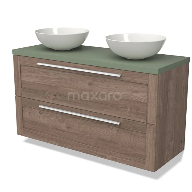 Modulo Plato Vanity units for countertop basin | 120 cm Mid brown oak Frame front Sage green worktop 2 Stacked drawers BMK17-02628