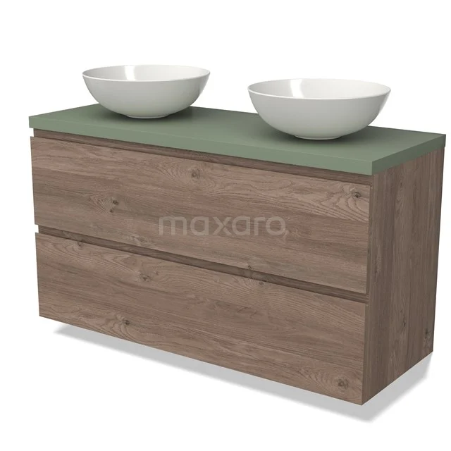 Modulo Plato Vanity units for countertop basin | 120 cm Mid brown oak Handle-less front Sage green worktop 2 Stacked drawers BMK17-02629