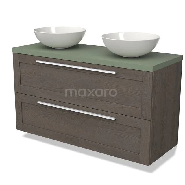 Houten badkamermeubel met twee witte waskommen, groen blad en twee ladegrepen. Modern design, ideaal voor elke badkamer.