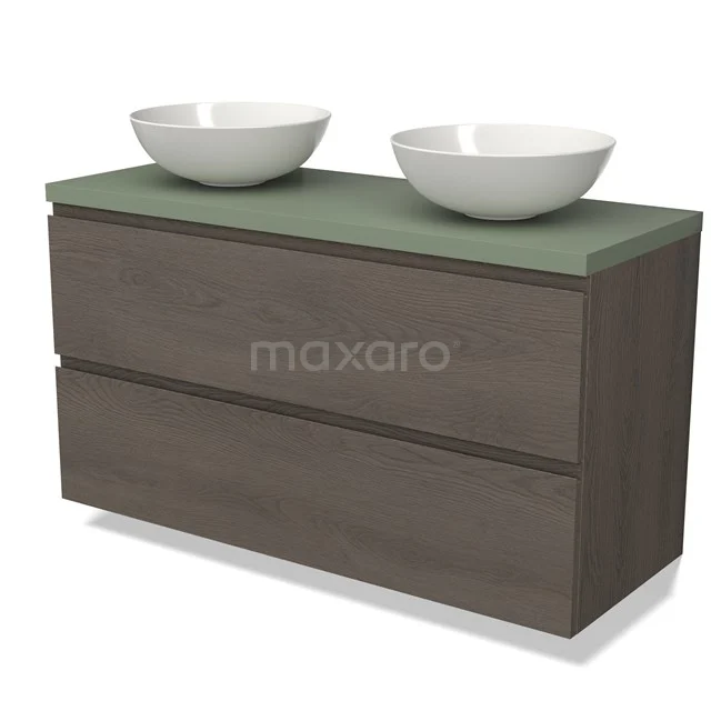 Modulo Plato Vanity units for countertop basin | 120 cm Dark brown oak Handle-less front Sage green worktop 2 Stacked drawers BMK17-02632