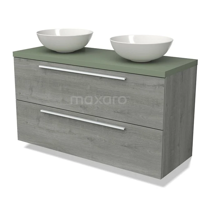 Grijze houten badkamermeubel met twee witte keramische waskommen en een groene bovenblad, modern design.