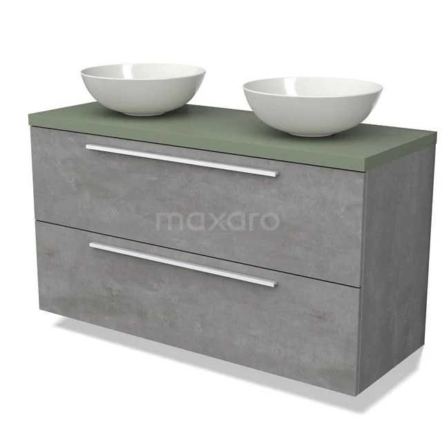 Betonnen badkamermeubel met dubbele waskom, groene wastafelblad en strakke lades, ideaal voor moderne badkamerinrichting.