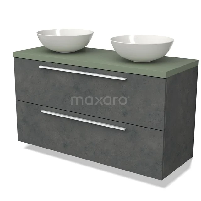 Grijze badkamermeubelset met betonlook, twee witte waskommen en een groen blad, modern design voor stijlvolle badkamers.