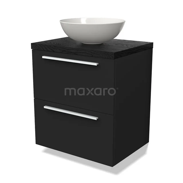 Zwart badkamermeubel met een witte opzetwastafel, twee lades met chromen handgrepen, strak design, ideaal voor moderne badkamers.
