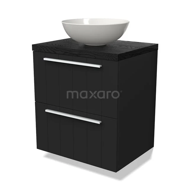 Zwart badkamermeubel met twee lades en een witte, ronde wastafel; modern ontwerp geschikt voor de badkamer.
