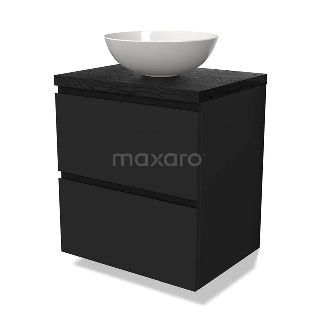 Zwart badkamermeubel met twee lades, keramische ronde waskom en modern design, perfect voor een stijlvolle badkamer.