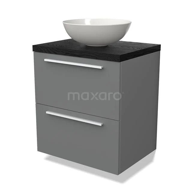 Grijze badkamerkast met twee lades, zwarte bovenkant en witte ronde wastafel; modern design en duurzame materialen.