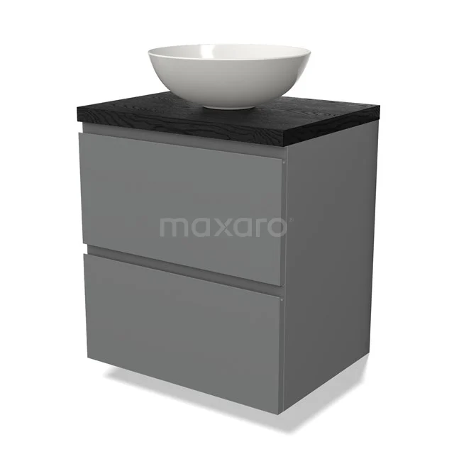 Graue Badmöbelset mit zwei Schubladen, schwarzer Platte und runder weißer Aufsatzschale, modernes Design.