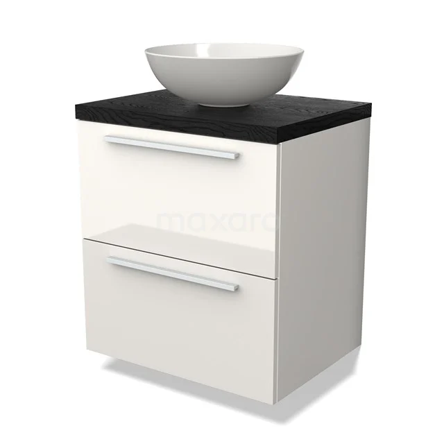 Wit badkamermeubel met zwarte bovenblad en ronde waskom, moderne uitstraling, twee lades en minimalistisch design.
