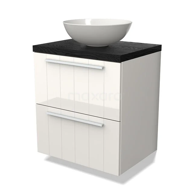 Modulo Plato Badmöbel mit Aufsatzwaschbecken | 60 cm Hochglanz Weiß Lamelle front Schwarze Eiche blatt 2 übereinanderliegende Schubladen BMK17-02643 Weißes Badezimmermöbel mit schwarzer Platte und rundem Waschbecken, ausgestattet mit zwei Schubladen und vertikalen Linienakzenten.