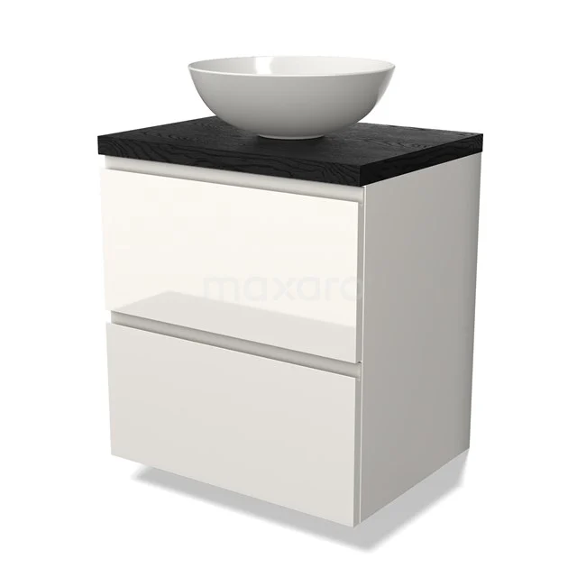 Waschtischunterschrank mit Konsole BMK17-02644 Weißes Badezimmermöbel mit schwarzer Platte und rundem Aufsatzwaschbecken, modernes Design mit zwei Schubladen für zusätzlichen Stauraum.