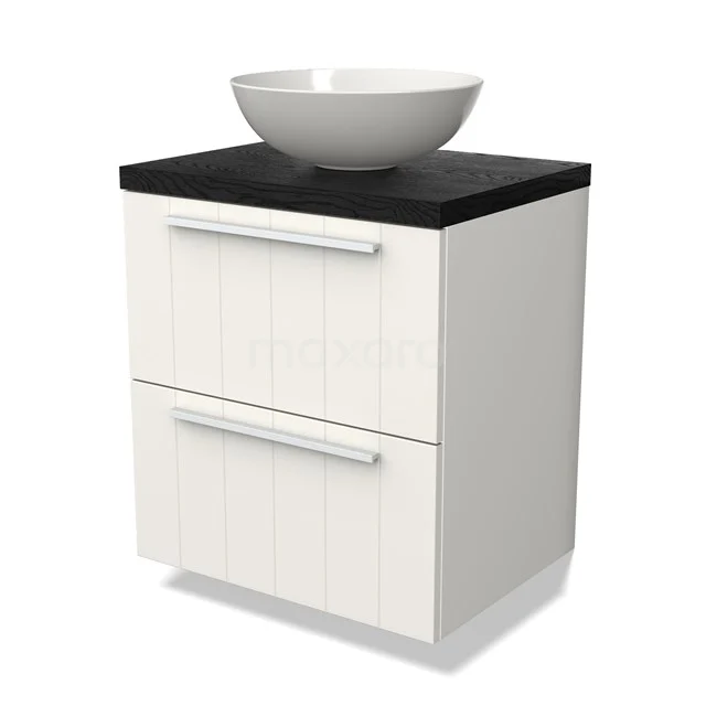 Weißes Badezimmermöbel mit schwarzer Platte und rundem weißen Aufsatzwaschbecken, zwei Schubladen mit Haltegriff, modernes und kompaktes Design.