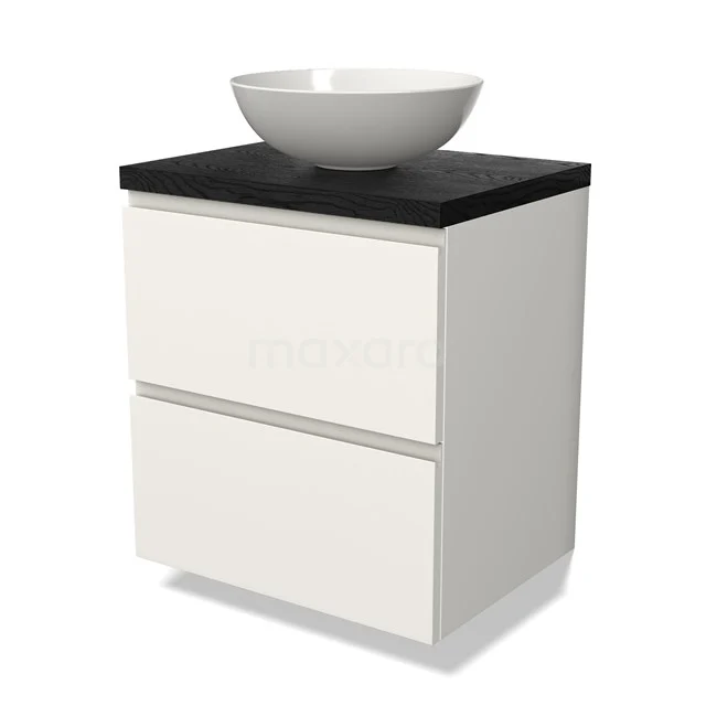 Wit badkamermeubel met zwarte bovenplaat, keramische waskom en ruime lades; strak design voor moderne badkamers.