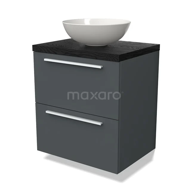 Grey bathroom unit with black worktop and white countertop wash basin, modern design, ideal storage unit for a stylish bathroom.