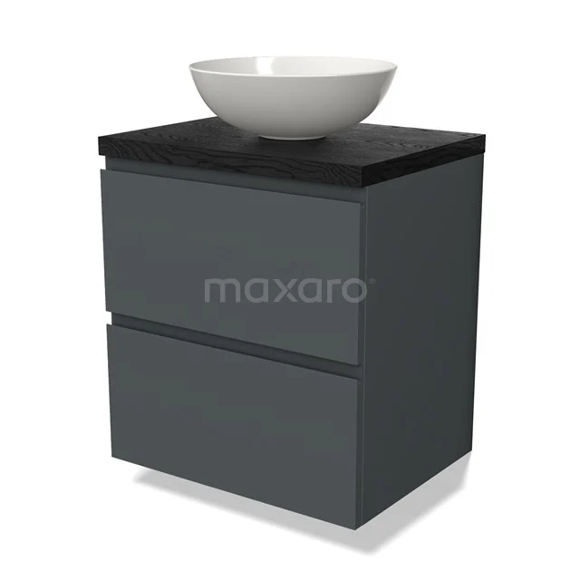 Waschtischunterschrank mit Konsole BMK17-02649 Dunkelgrauer Badschrank mit zwei Schubladen, schwarzer Platte und weißem schalenförmigen Waschbecken, modernes Design.