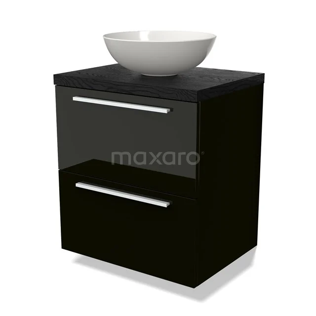 Black bathroom unit with glossy finish, 2 drawers and white round vanity units for countertop wash basin, modern design for stylish bathrooms.