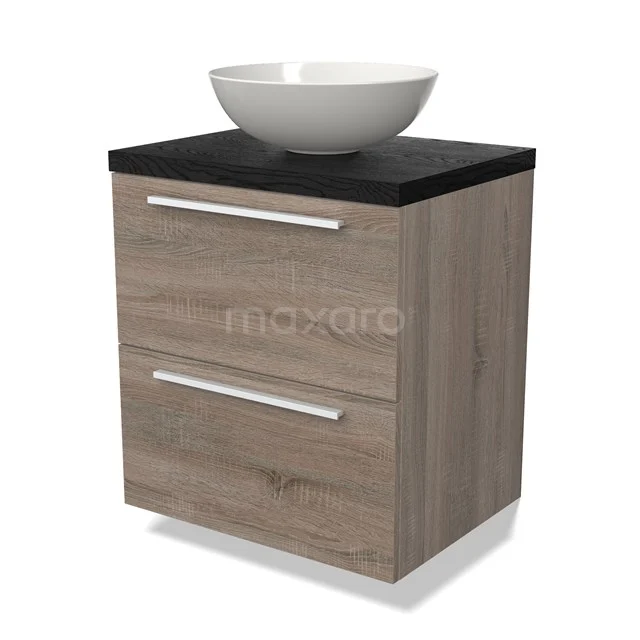 Badkamerkast houtlook met zwarte wastafelblad en witte waskom, modern design, ideaal voor badkameropslag.