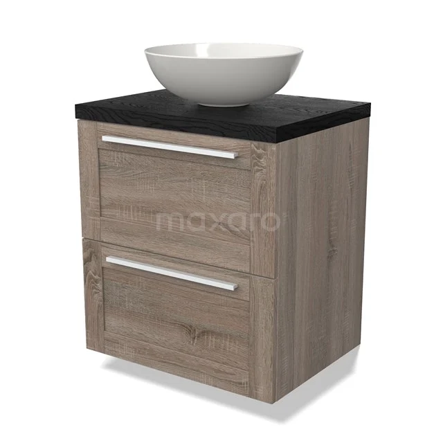Compact wood-look bathroom unit with two drawers, black worktop and white bowl; stylish solution for modern bathrooms.