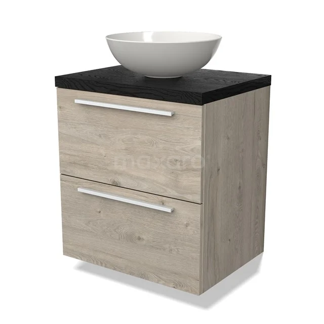 Houten badkamermeubel met donker blad en witte opzetwaskom, modern design, inclusief twee lades voor praktische opbergruimte.