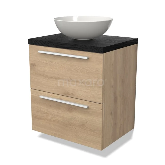 Houten badkamermeubel met zwarte bovenblad en witte komvormige wastafel, modern design met twee lades.