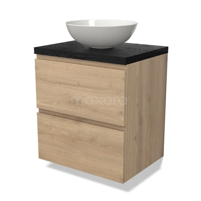 Holz Badezimmermöbel mit schwarzer Platte und weißem runden Aufsatzwaschbecken, ideales Design für eine moderne Badezimmergestaltung.