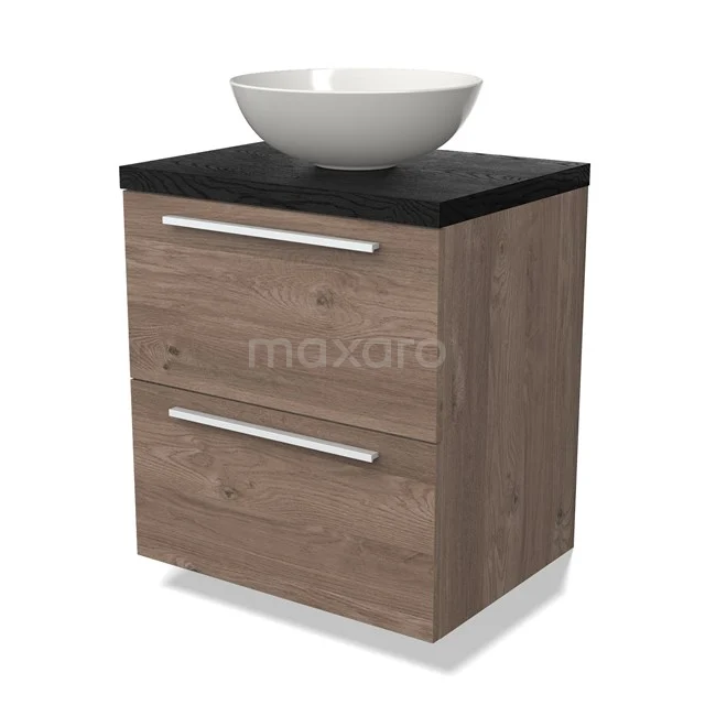 Modulo Plato Badmöbel mit Aufsatzwaschbecken | 60 cm Mittelbraune Eiche Flach front Schwarze Eiche blatt 2 übereinanderliegende Schubladen BMK17-02659 Holz Badezimmermöbel mit zwei Schubladen und schwarzer Platte, keramisches Waschbecken, modernes Design.