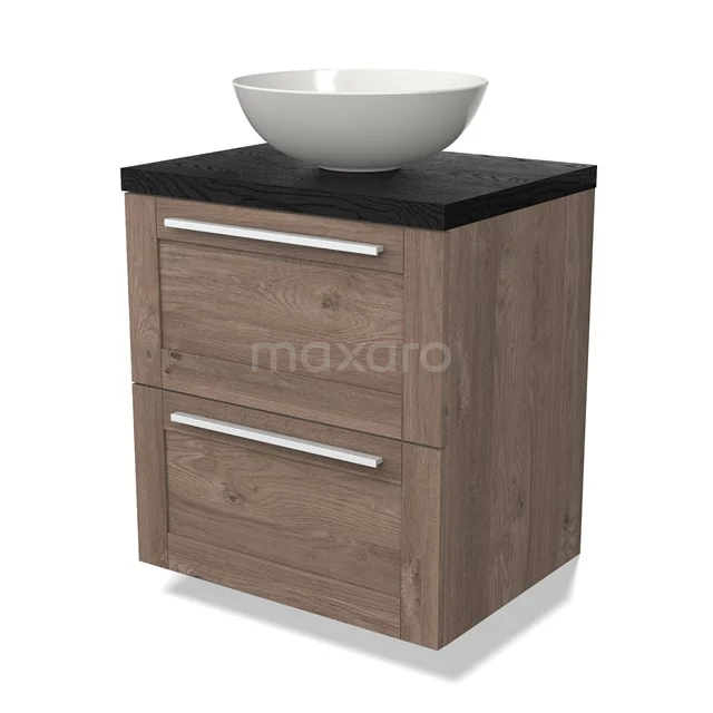 Houten badkamermeubel met zwart blad, twee lades en een witte opzetwaskom, ideaal voor moderne badkamerinrichting.