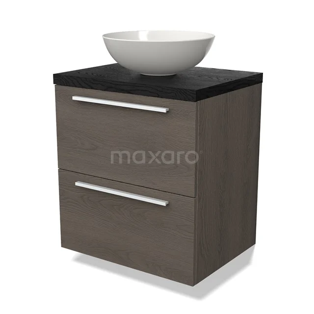 Vanity unit with dark wood drawers, black worktop and white countertop wash basin, ideal for a modern bathroom design.