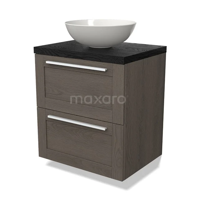 Houten badkamermeubel met donker blad en witte ronde wastafel, 2 lades met metalen handgrepen, perfect voor moderne badkamers.