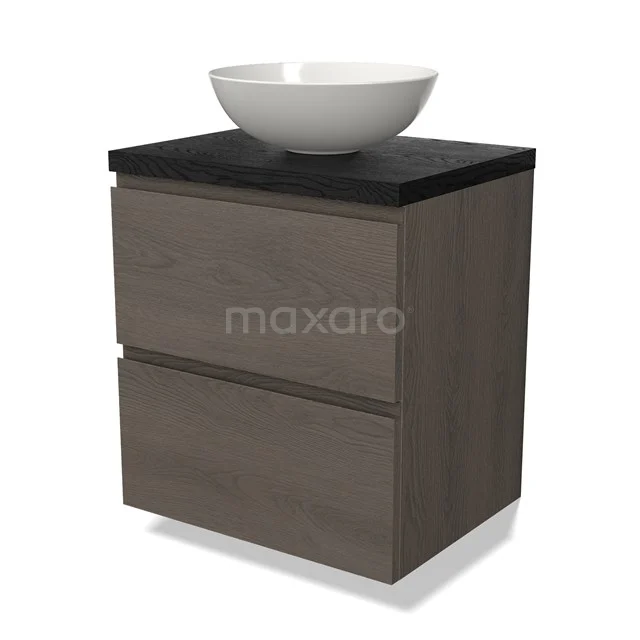 Waschtischunterschrank mit Konsole BMK17-02664 Kompakte Eichen Badmöbel mit schwarzer Platte, weißem Aufsatzwaschbecken oben, ideal für moderne Bäder.