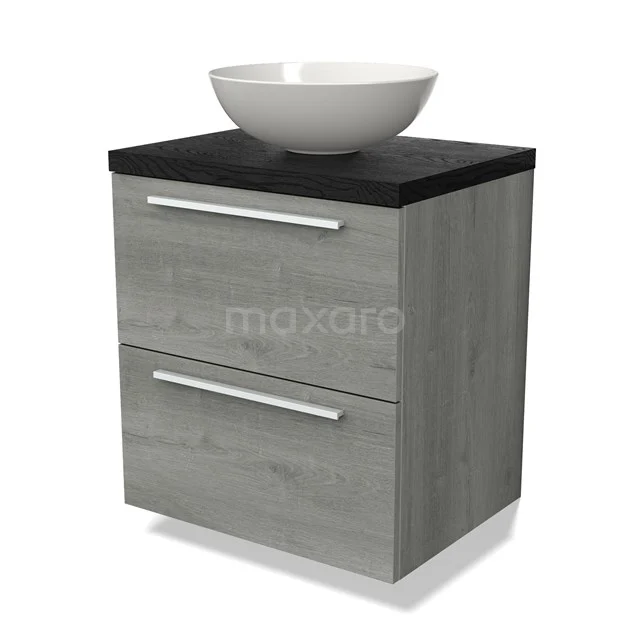 Grijs houten badkamermeubel met zwarte bovenblad en witte waskom, inclusief twee lades met metalen handgrepen.
