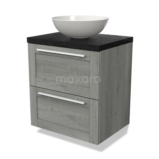 Grey bathroom furniture set with basin, compact wooden look, black top and modern drawers for stylish storage.