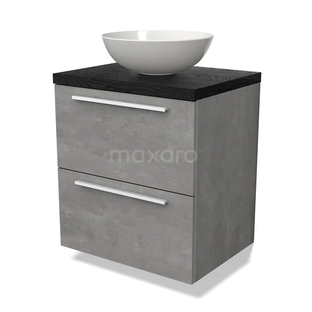Grey vanity unit with concrete look, black top and white top bowl, perfect for a modern bathroom design.