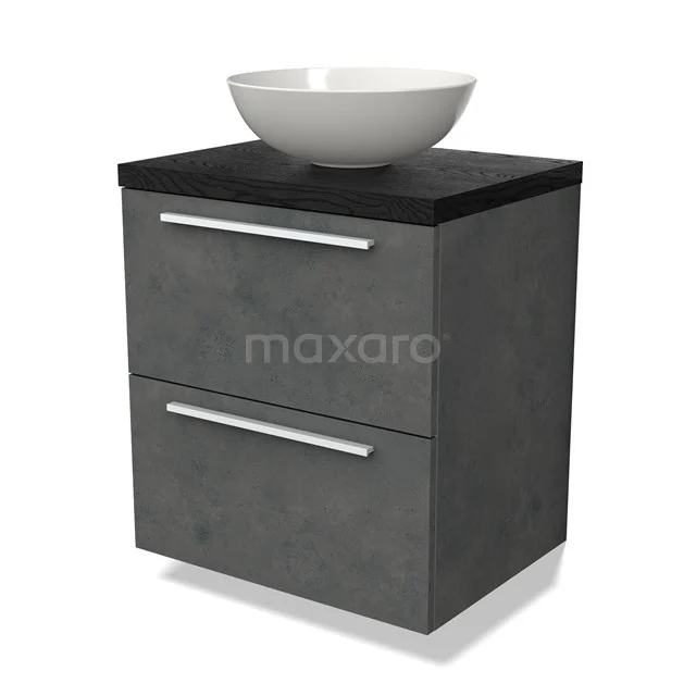 Grauer Badschrank mit Betonlook, schwarzer Oberseite und weißem rundes Waschbecken, geeignet für moderne Badezimmergestaltung.