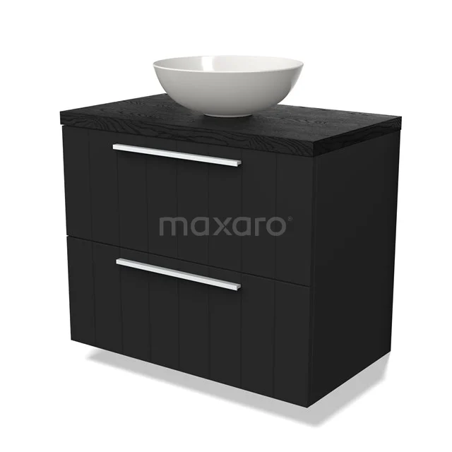Modulo Plato Vanity units for countertop basin | 80 cm Matte black Slat front Black oak worktop 2 Stacked drawers BMK17-02670