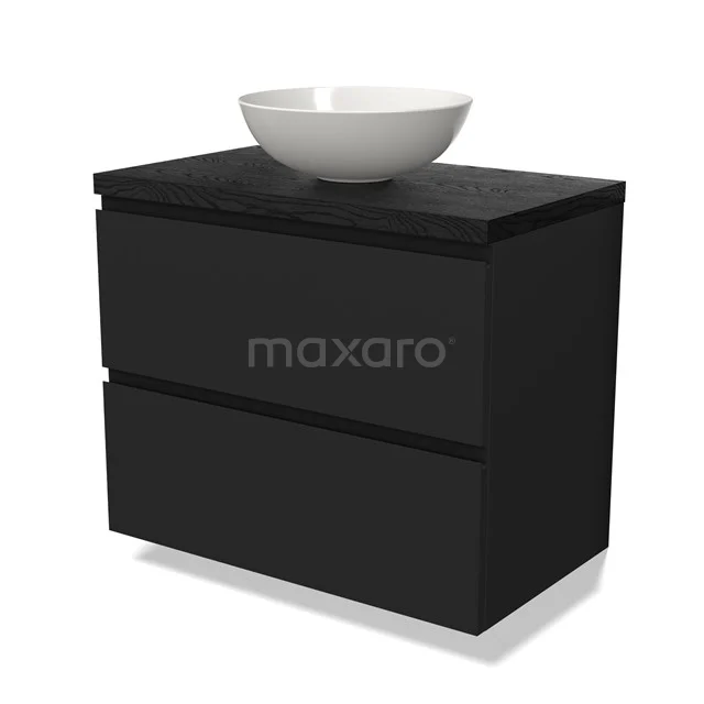 Modulo Plato Vanity units for countertop basin | 80 cm Matte black Handle-less front Black oak worktop 2 Stacked drawers BMK17-02671
