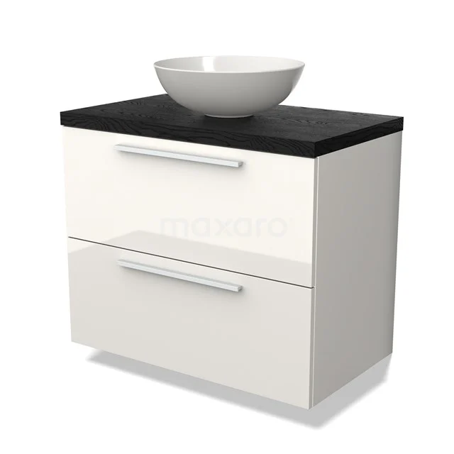 Weißes Badezimmermöbel mit schwarzer Platte, zwei Schubladen und rundem Waschbecken; modernes Design, ideal für moderne Bäder.