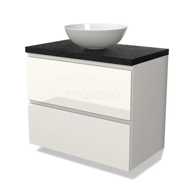 Weißes Badezimmermöbel mit schwarzer Platte und rundem Aufsatzwaschbecken, modernes Design, ideal für stilvolle Badezimmergestaltung.