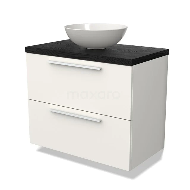 Weißes Badezimmermöbel mit schwarzer Arbeitsplatte und keramischer Schüssel, modernes Design, ideal für stilvolle Badezimmergestaltung.