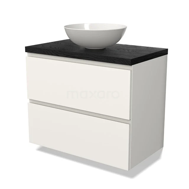 Weißes Badezimmermöbel mit zwei Schubladen, schwarzer Holzplatte und rundem Waschbecken; modernes Design für ein stilvolles Badezimmer.