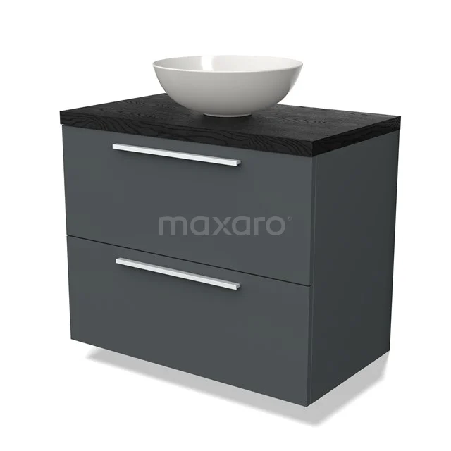 Grey bathroom cabinet with grey top and white countertop wash basin, modern design with metal handles, ideal for bathroom storage.
