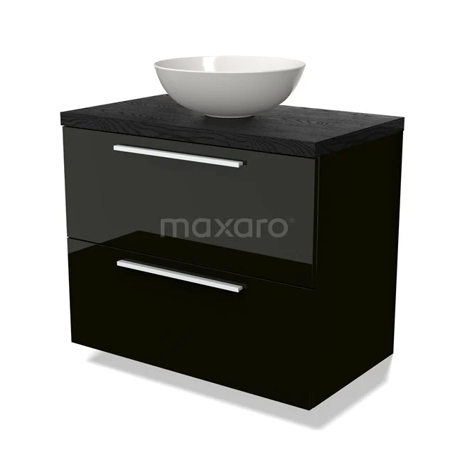 Schwarz Hochglanz-Badmöbel mit weißem Aufsatzwaschbecken, zwei Schubladen und chromfarbenen Haltegriffen, modernes Design.
