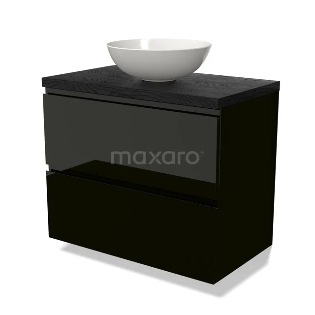 Schwarzer Badschrank mit zwei Schubladen und einem weißen schalenförmigen Waschbecken, stilvolles Design aus Hochglanzmaterial.